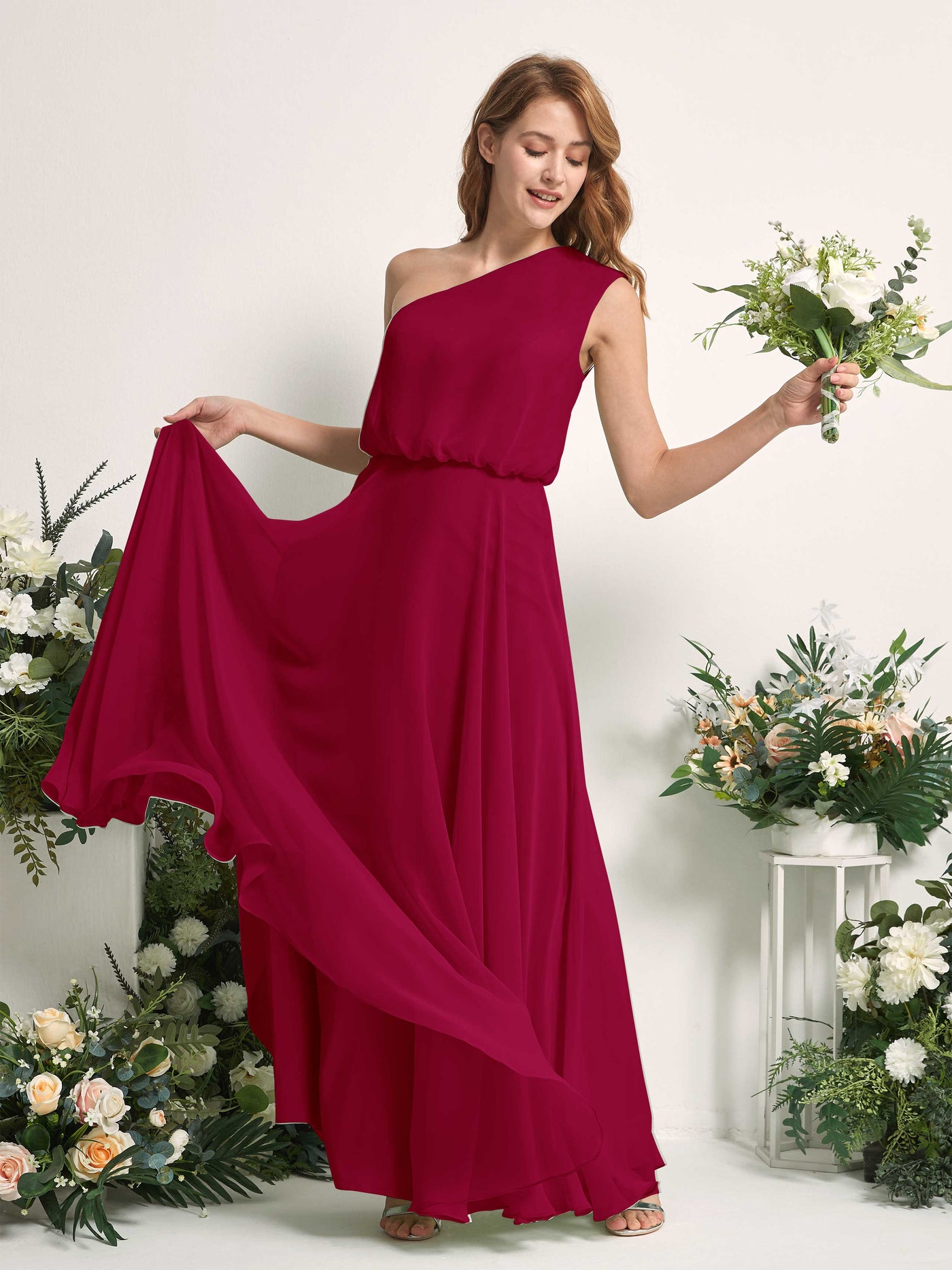 Bridesmaid Dress A-line Chiffon One Shoulder Full Length Sleeveless Wedding Party Dress - Jester Red (81226841)#color_jester-red