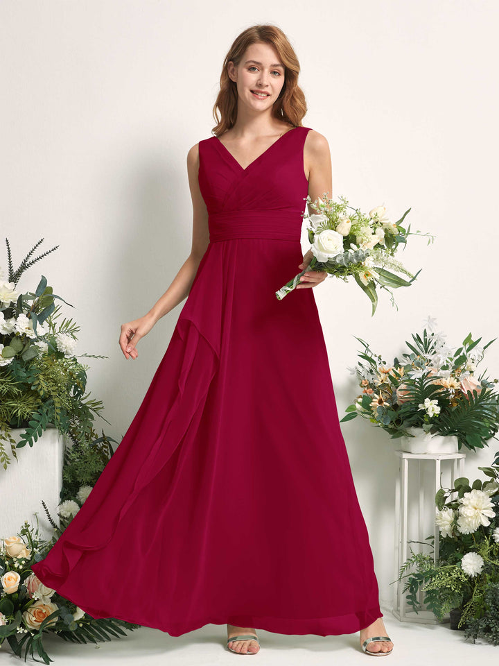 Bridesmaid Dress A-line Chiffon V-neck Full Length Sleeveless Wedding Party Dress - Jester Red (81227141)