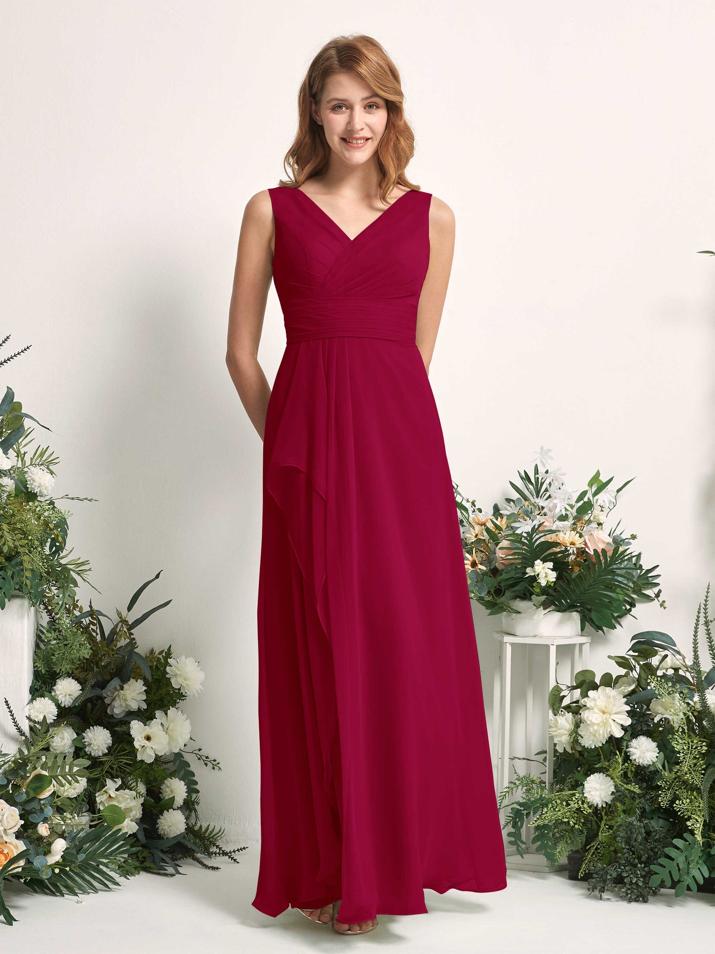 Bridesmaid Dress A-line Chiffon V-neck Full Length Sleeveless Wedding Party Dress - Jester Red (81227141)#color_jester-red