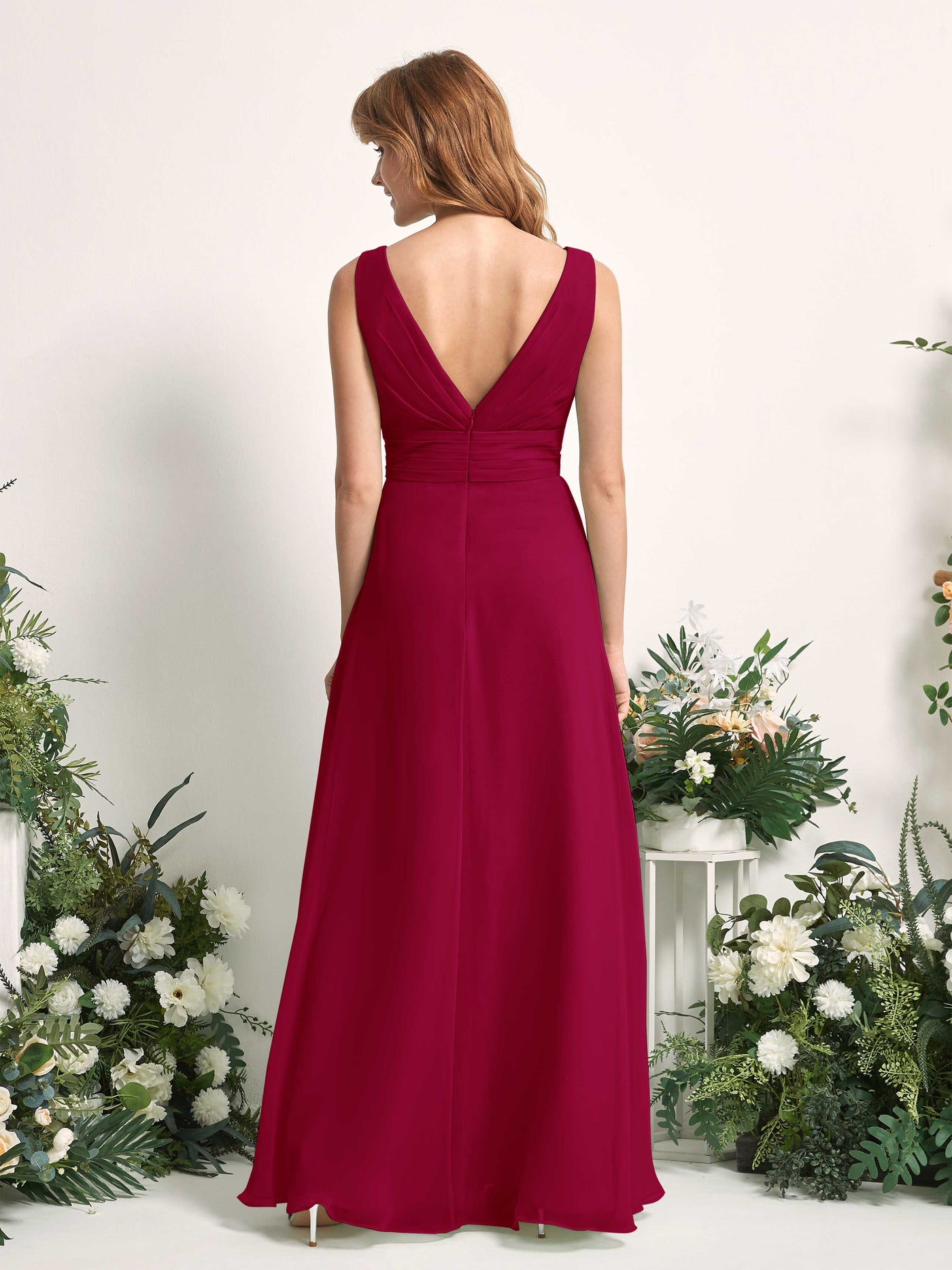 Bridesmaid Dress A-line Chiffon V-neck Full Length Sleeveless Wedding Party Dress - Jester Red (81227141)#color_jester-red