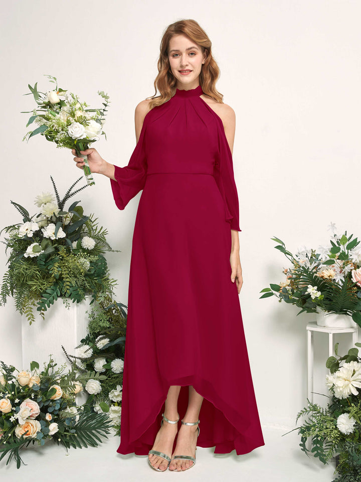 Bridesmaid Dress A-line Chiffon Halter High Low 3/4 Sleeves Wedding Party Dress - Jester Red (81227641)