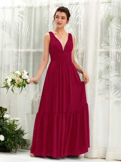 Carlyna Alissa A-Line Jester Red Bridesmaid Dress Maxi Sleeveless V-Neck Dress Front View #color_jester-red