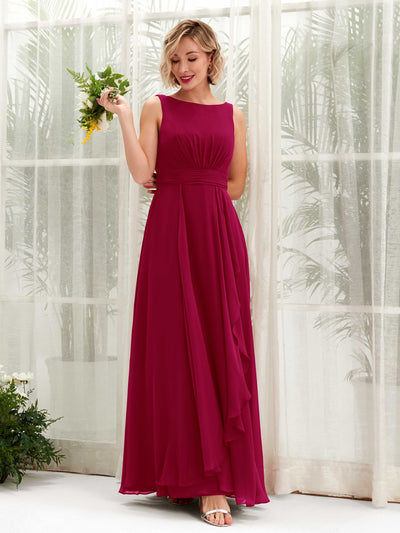 Carlyna Brianna A-Line Jester Red Bridesmaid Dress Maxi Sleeveless Boat Neck Dress Front View #color_jester-red