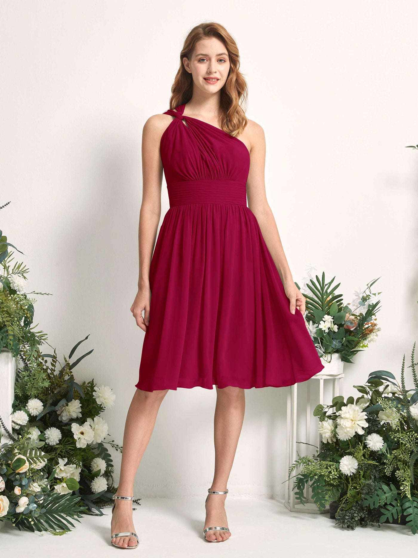Bridesmaid Dress A-line Chiffon One Shoulder Knee Length Sleeveless Wedding Party Dress - Jester Red (81221241)#color_jester-red