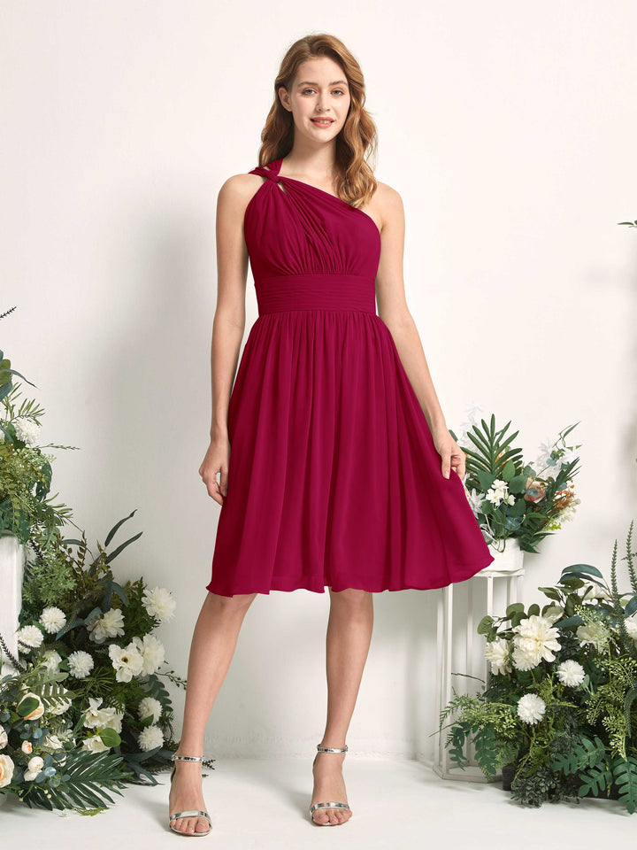 Bridesmaid Dress A-line Chiffon One Shoulder Knee Length Sleeveless Wedding Party Dress - Jester Red (81221241)