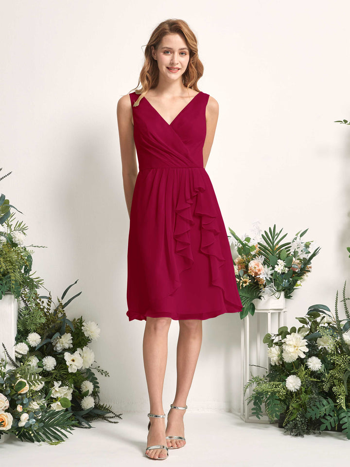Bridesmaid Dress A-line Chiffon Straps Knee Length Sleeveless Wedding Party Dress - Jester Red (81226641)