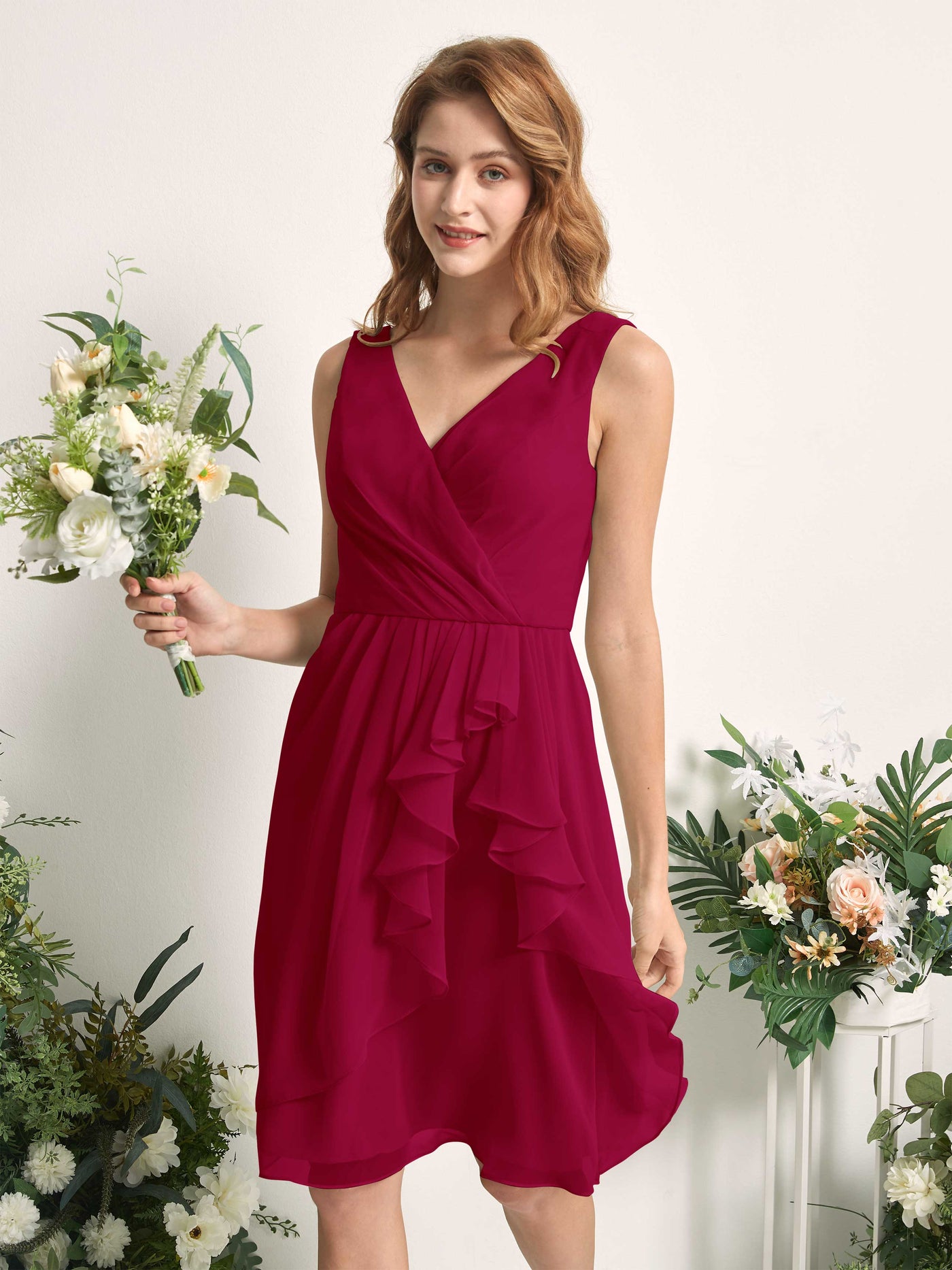 Bridesmaid Dress A-line Chiffon Straps Knee Length Sleeveless Wedding Party Dress - Jester Red (81226641)#color_jester-red