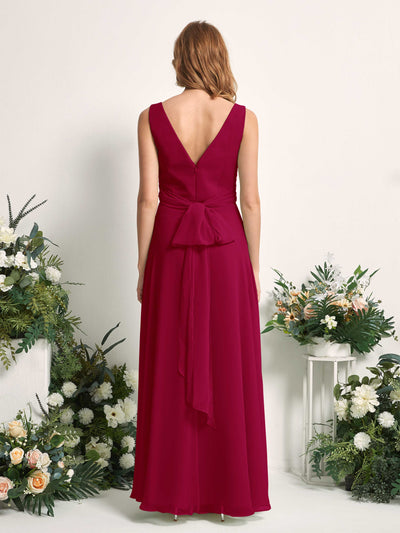 Carlyna June A-Line Jester Red Bridesmaid Dress Maxi Sleeveless V-Neck Dress Back View #color_jester-red