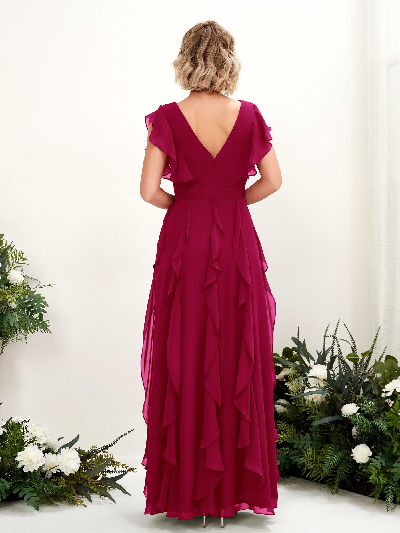 A-line Open back V-neck Short Sleeves Chiffon Bridesmaid Dress - Jester Red (81226041)#color_jester-red