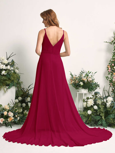Carlyna Marcia A-Line Jester Red Bridesmaid Dress Maxi Sleeveless V-Neck Dress Back View #color_jester-red