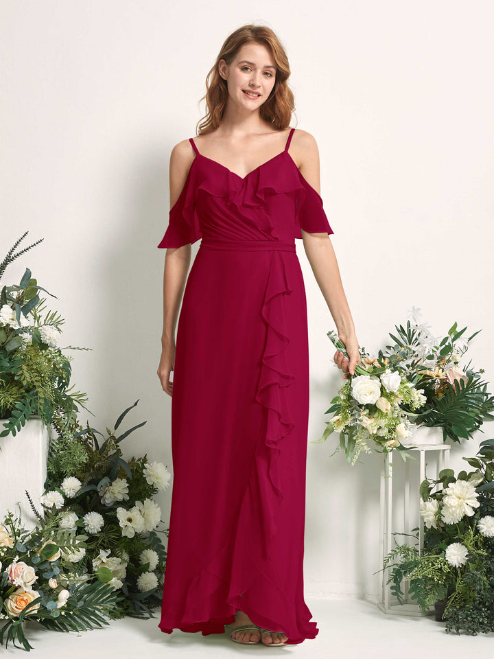 Bridesmaid Dress A-line Chiffon Spaghetti-straps Full Length Sleeveless Wedding Party Dress - Jester Red (81227441)