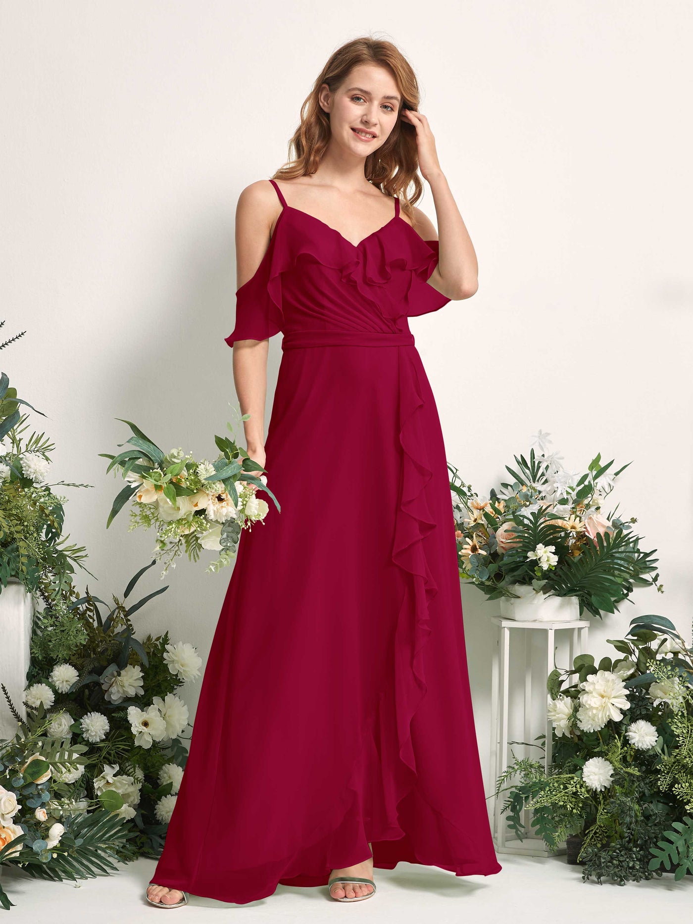 Bridesmaid Dress A-line Chiffon Spaghetti-straps Full Length Sleeveless Wedding Party Dress - Jester Red (81227441)#color_jester-red