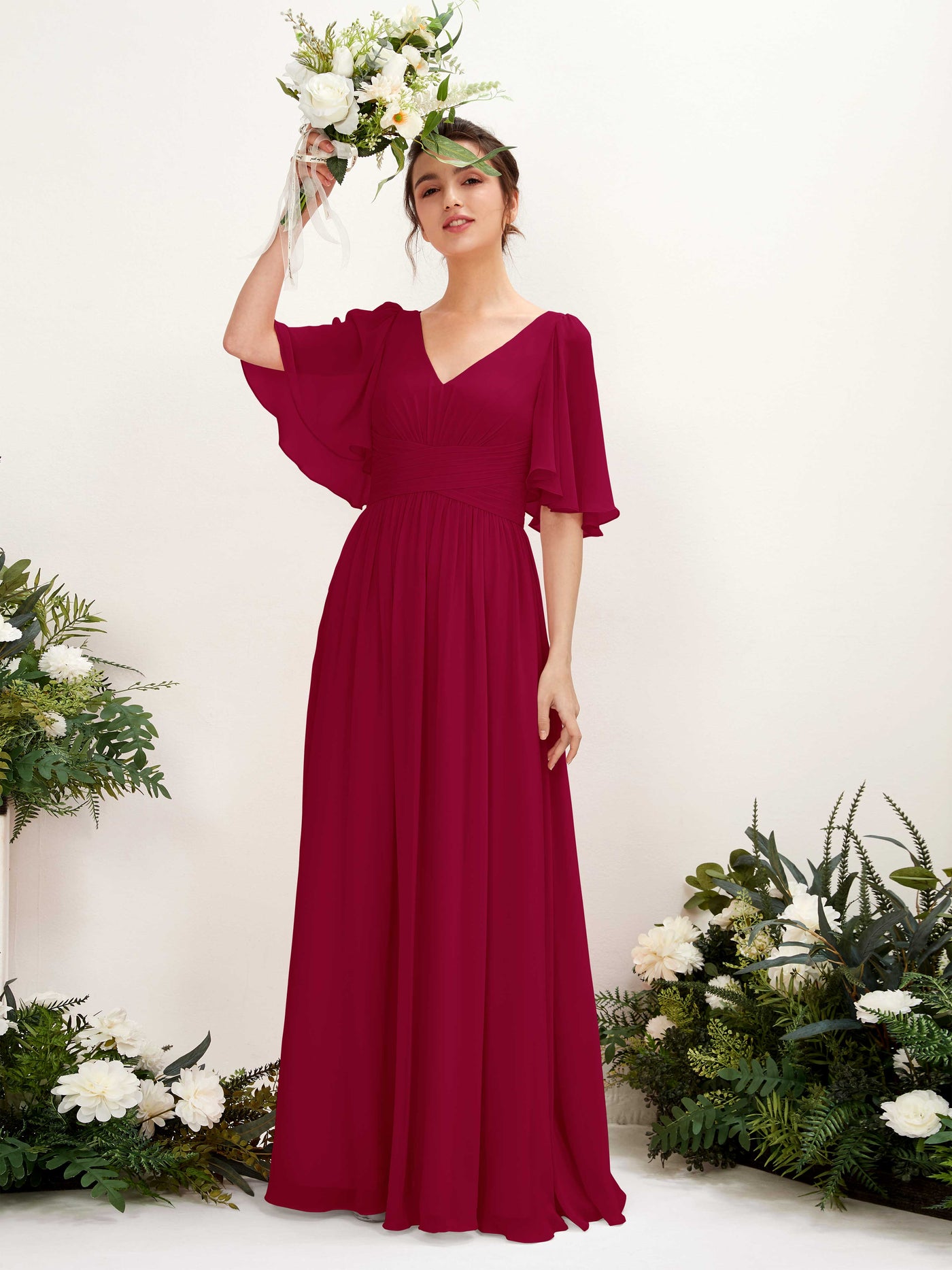 Jester Red Bridesmaid Dresses Bridesmaid Dress A-line Chiffon V-neck Full Length 1/2 Sleeves Wedding Party Dress (81221641)#color_jester-red