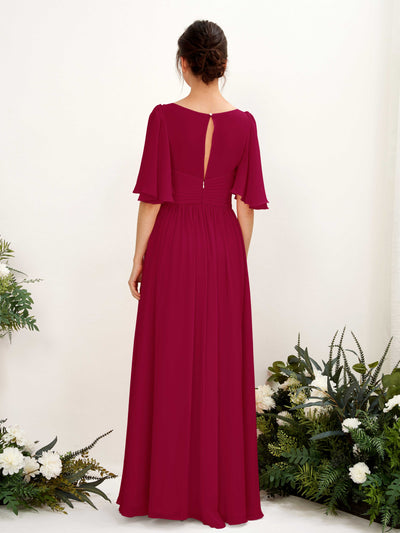 Carlyna Odette A-Line Jester Red Bridesmaid Dress Maxi Short Sleeve V-Neck Dress Back View #color_jester-red