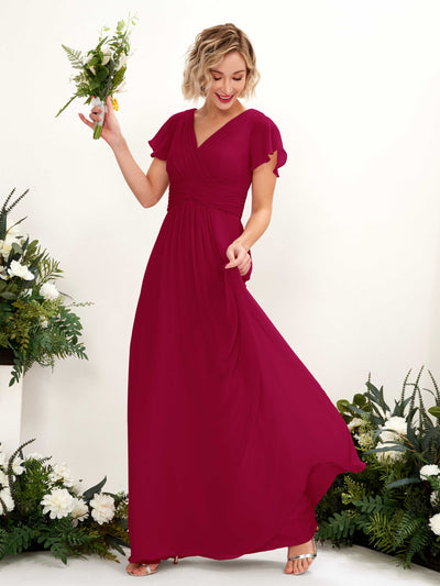 Carlyna Tolly A-Line Jester Red Bridesmaid Dress Maxi Cap Sleeve V-Neck Dress Front View #color_jester-red