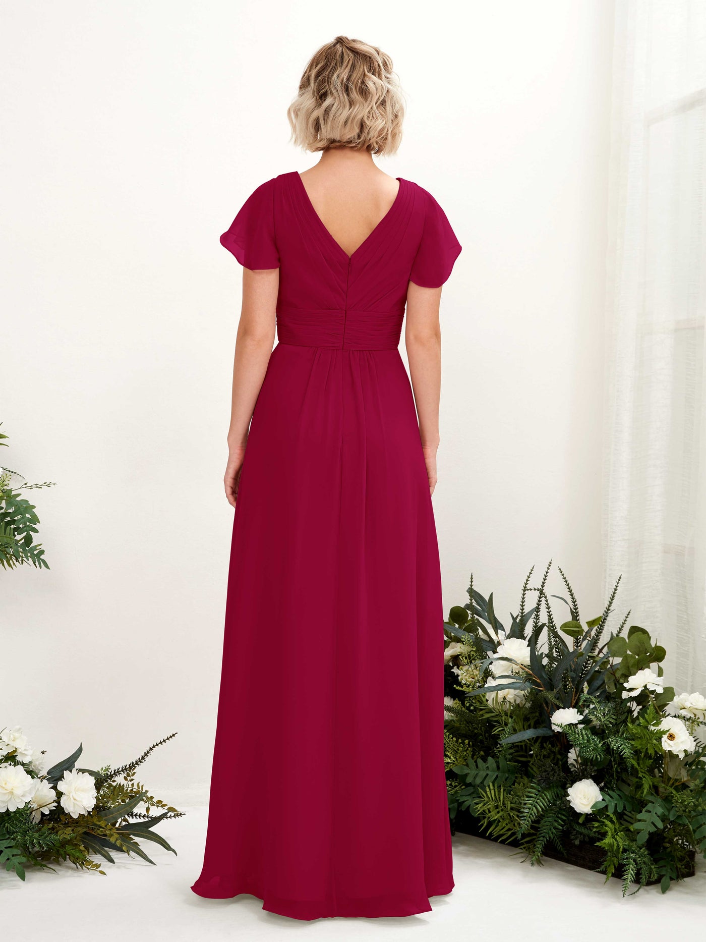 Jester Red Bridesmaid Dresses Bridesmaid Dress A-line Chiffon V-neck Full Length Short Sleeves Wedding Party Dress (81224341)#color_jester-red