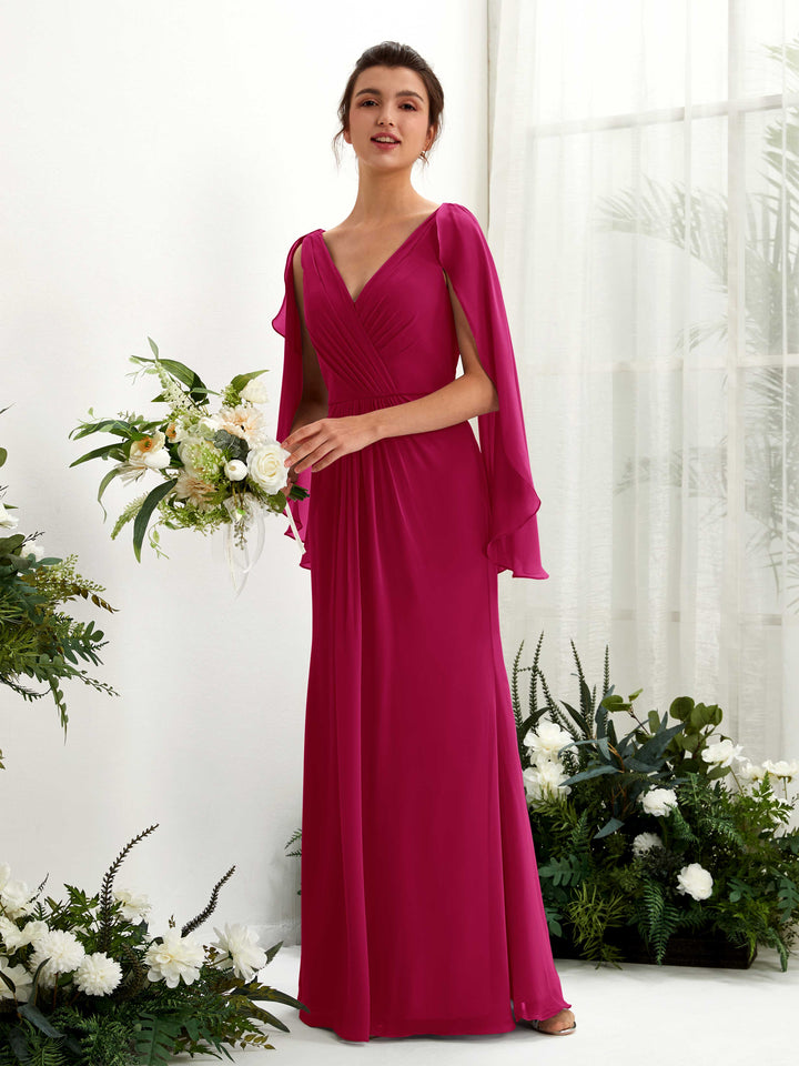 Jester Red Bridesmaid Dresses Bridesmaid Dress A-line Chiffon Straps Full Length Long Sleeves Wedding Party Dress (80220141)