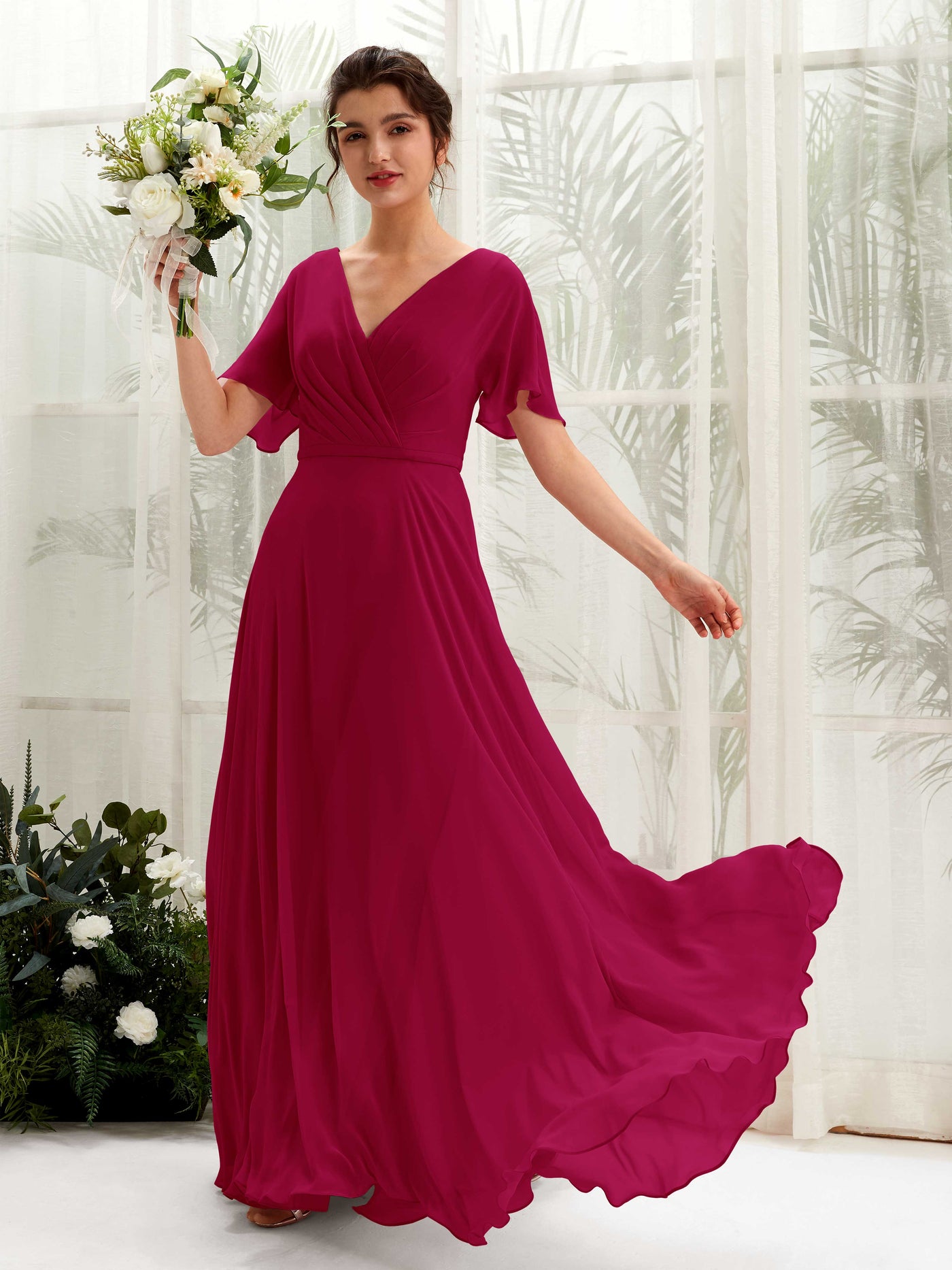 Jester Red Bridesmaid Dresses Bridesmaid Dress A-line Chiffon V-neck Full Length Short Sleeves Wedding Party Dress (81224641)#color_jester-red