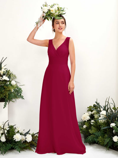 Carlyna Karen A-Line Jester Red Bridesmaid Dress Maxi Sleeveless V-Neck Dress Front View #color_jester-red