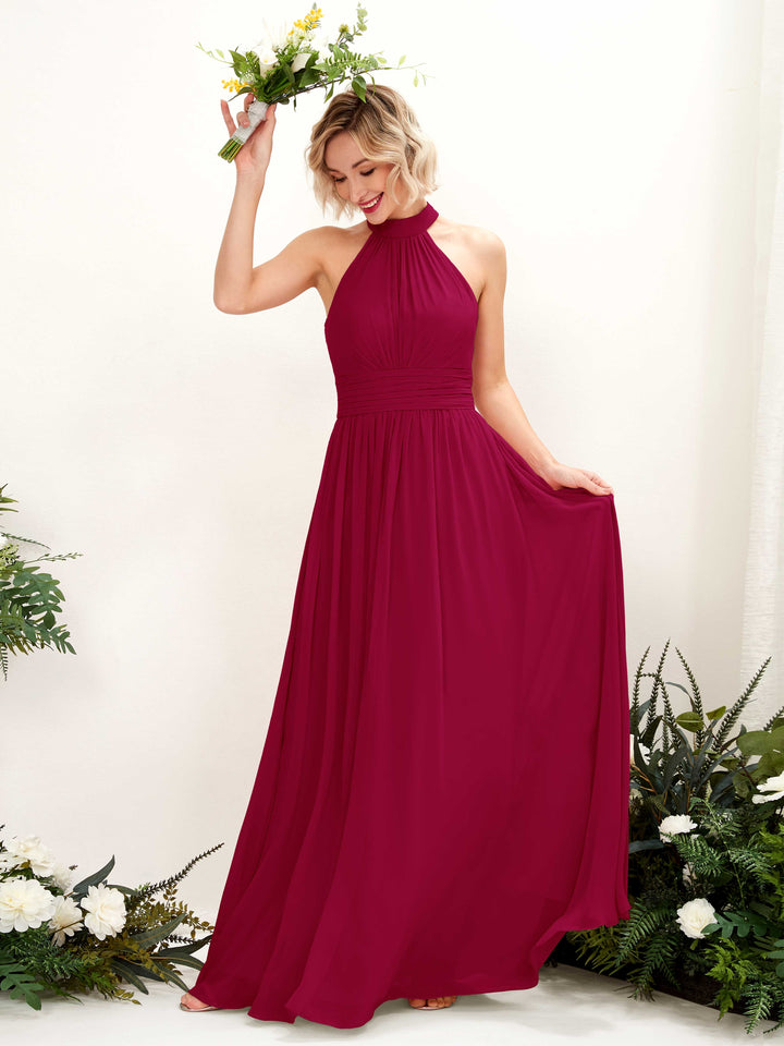 Jester Red Bridesmaid Dresses Bridesmaid Dress A-line Chiffon Halter Full Length Sleeveless Wedding Party Dress (81225341)