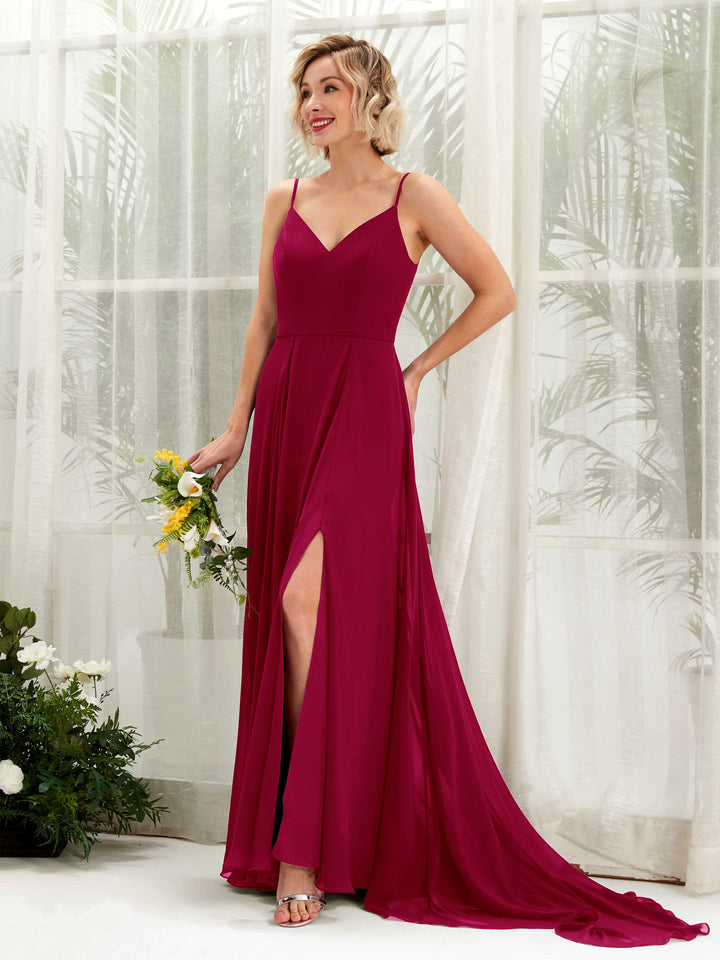 Jester Red Bridesmaid Dresses Bridesmaid Dress A-line Chiffon V-neck Full Length Sleeveless Wedding Party Dress (81224141)
