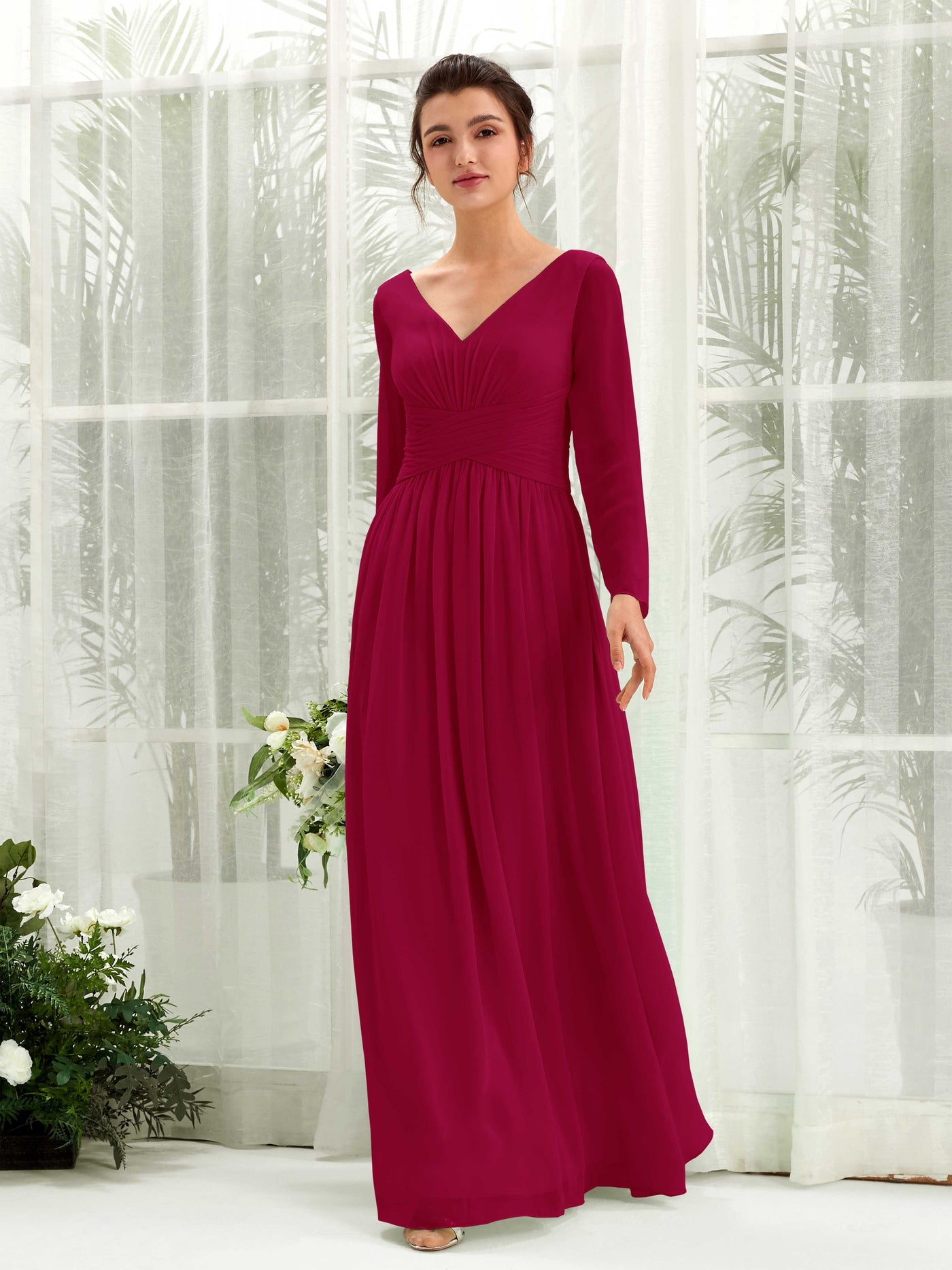 Jester Red Bridesmaid Dresses Bridesmaid Dress A-line Chiffon V-neck Full Length Long Sleeves Wedding Party Dress (81220341)#color_jester-red