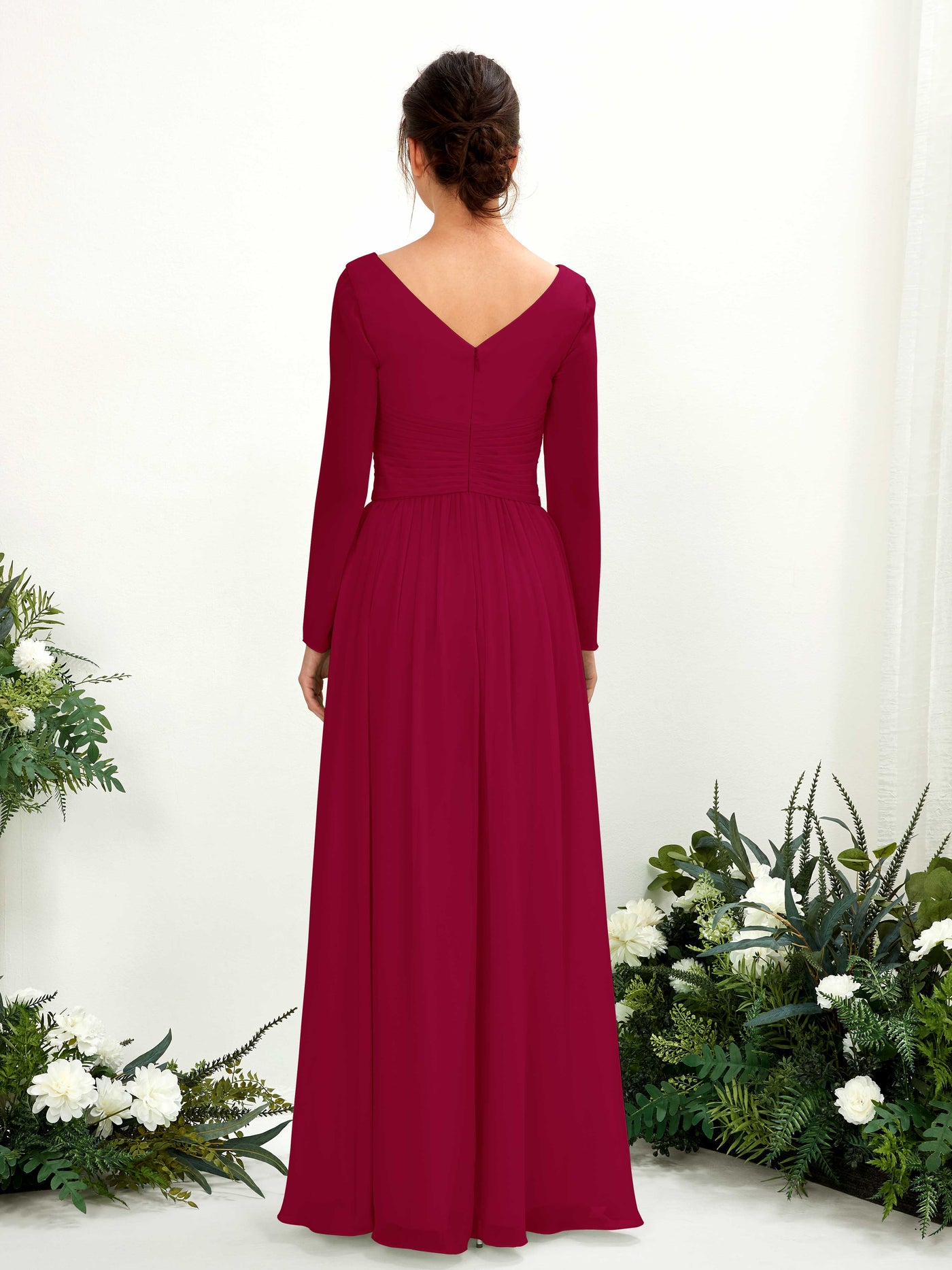 Jester Red Bridesmaid Dresses Bridesmaid Dress A-line Chiffon V-neck Full Length Long Sleeves Wedding Party Dress (81220341)#color_jester-red