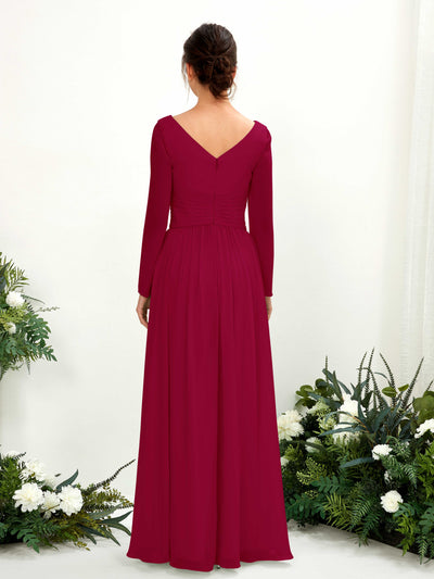 Carlyna Coline A-Line Jester Red Bridesmaid Dress Maxi Long Sleeve V-Neck Back View #color_jester-red
