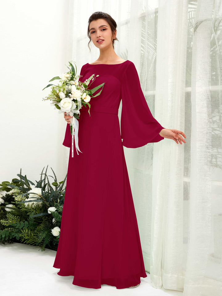 Jester Red Bridesmaid Dresses Bridesmaid Dress A-line Chiffon Bateau Full Length Long Sleeves Wedding Party Dress (81220541)