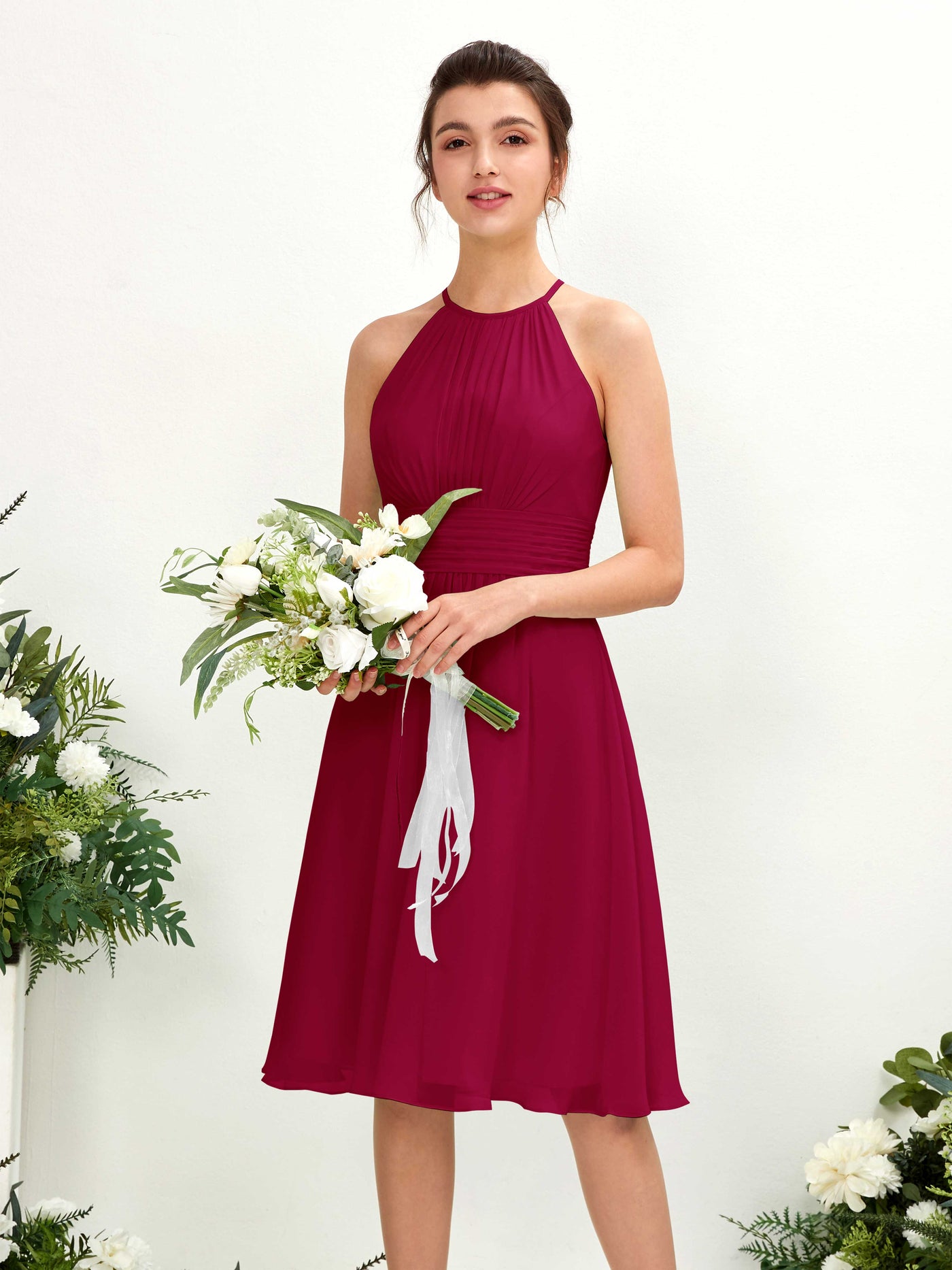 Jester Red Bridesmaid Dresses Bridesmaid Dress A-line Chiffon Halter Knee Length Sleeveless Wedding Party Dress (81220141)#color_jester-red