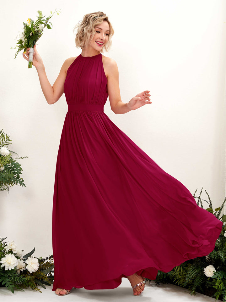 Jester Red Bridesmaid Dresses Bridesmaid Dress A-line Chiffon Halter Full Length Sleeveless Wedding Party Dress (81223141)