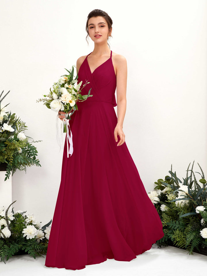 Halter V-neck Sleeveless Chiffon Bridesmaid Dress - Jester Red (81221041)