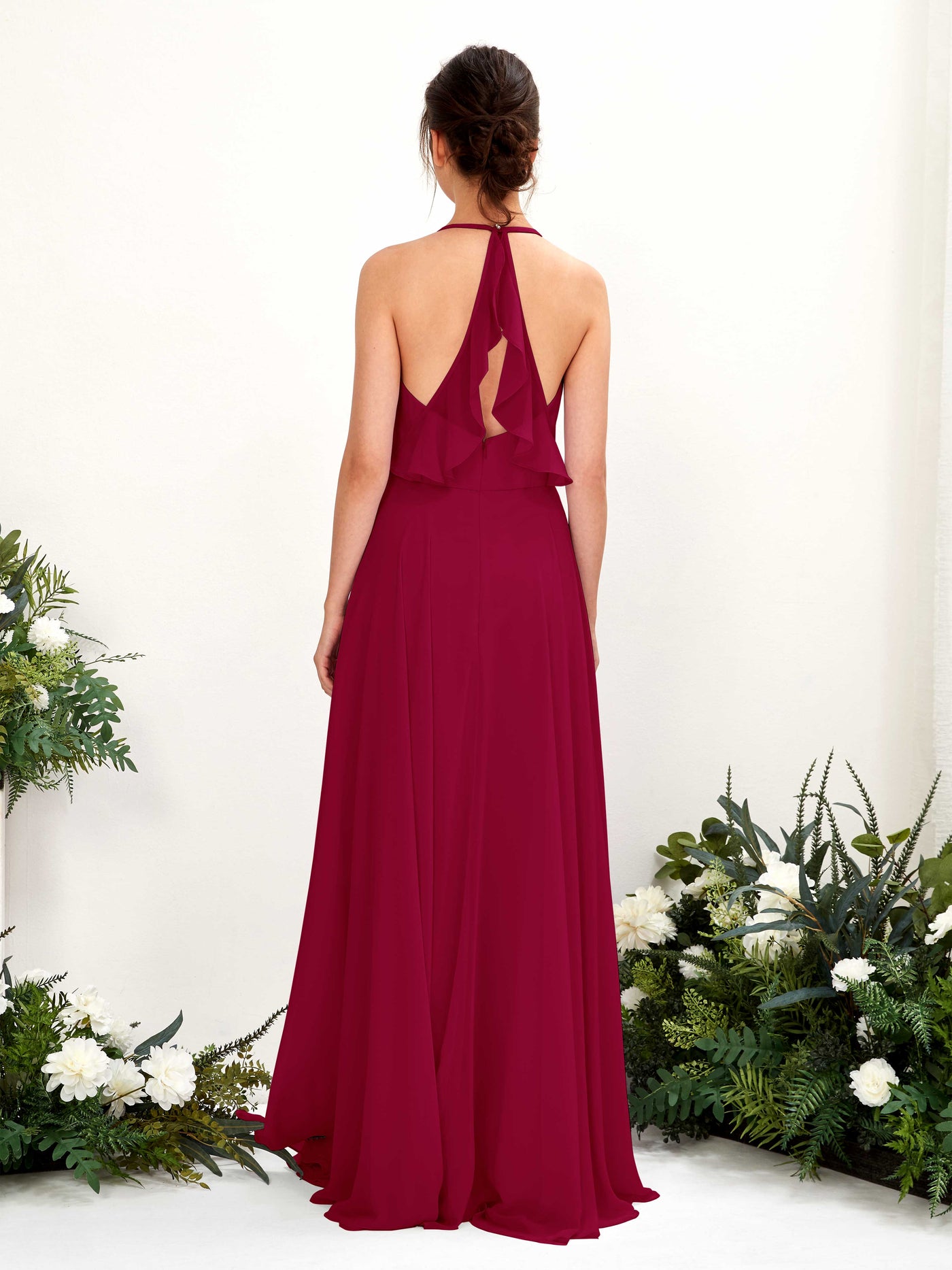 Halter V-neck Sleeveless Chiffon Bridesmaid Dress - Jester Red (81221041)#color_jester-red