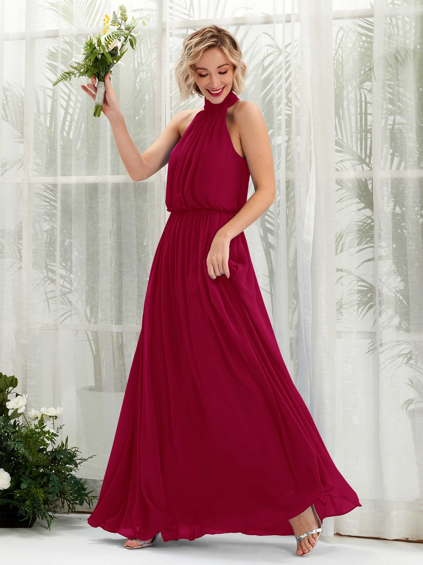Jester Red Bridesmaid Dresses Bridesmaid Dress A-line Chiffon Halter Full Length Sleeveless Wedding Party Dress (81222941)#color_jester-red