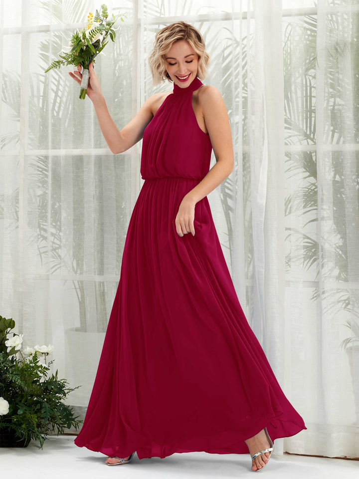 Jester Red Bridesmaid Dresses Bridesmaid Dress A-line Chiffon Halter Full Length Sleeveless Wedding Party Dress (81222941)
