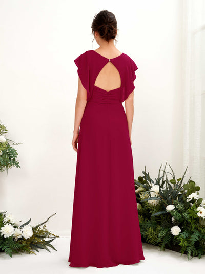 Carlyna Annie A-Line Jester Red Bridesmaid Dress Maxi Cap Sleeve V-Neck Dress Back View #color_jester-red