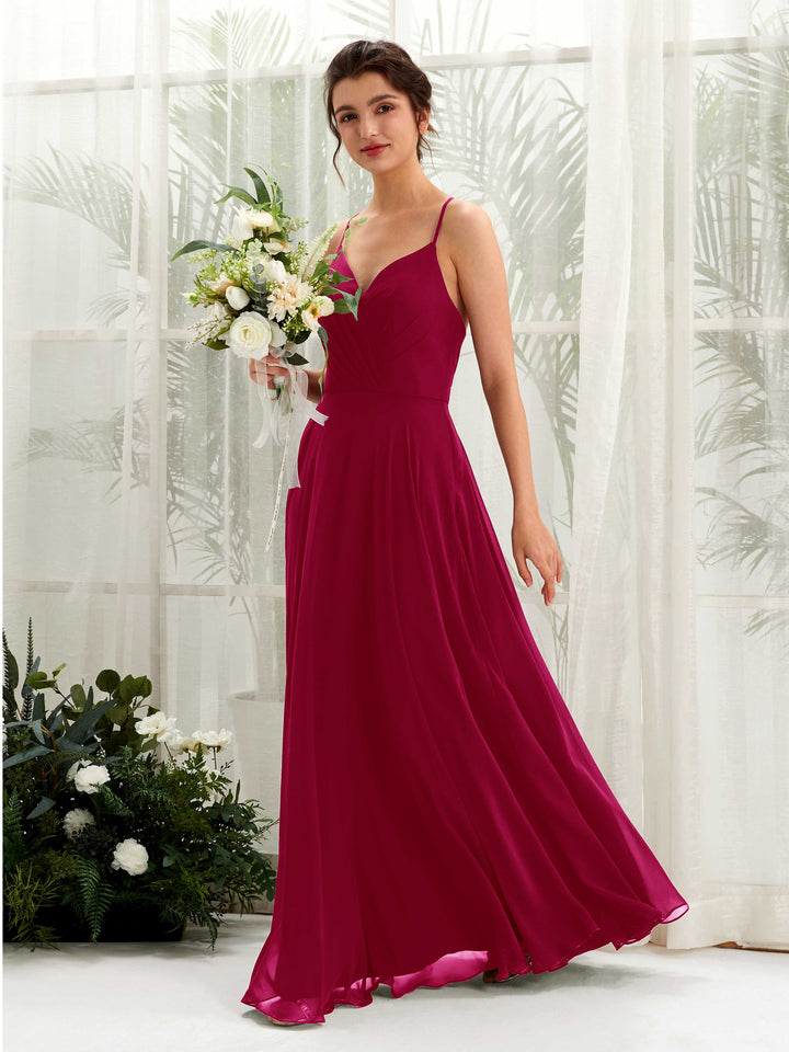 Jester Red Bridesmaid Dresses Bridesmaid Dress Chiffon Spaghetti-straps Full Length Sleeveless Wedding Party Dress (81224241)