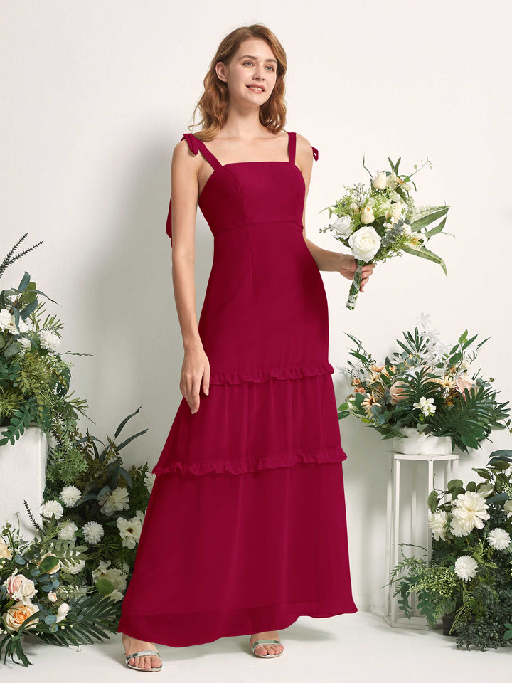 Bridesmaid Dress Chiffon Straps Full Length Sleeveless Wedding Party Dress - Jester Red (81227541)