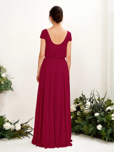 Carlyna Pauline A-Line Jester Red Bridesmaid Dress Maxi Cap Sleeve V-Neck Dress Back View #color_jester-red