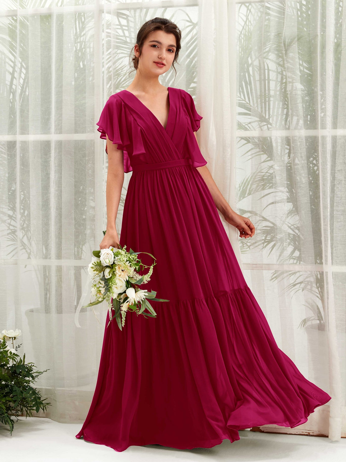 Jester Red Bridesmaid Dresses Bridesmaid Dress A-line Chiffon V-neck Full Length Short Sleeves Wedding Party Dress (81225941)#color_jester-red