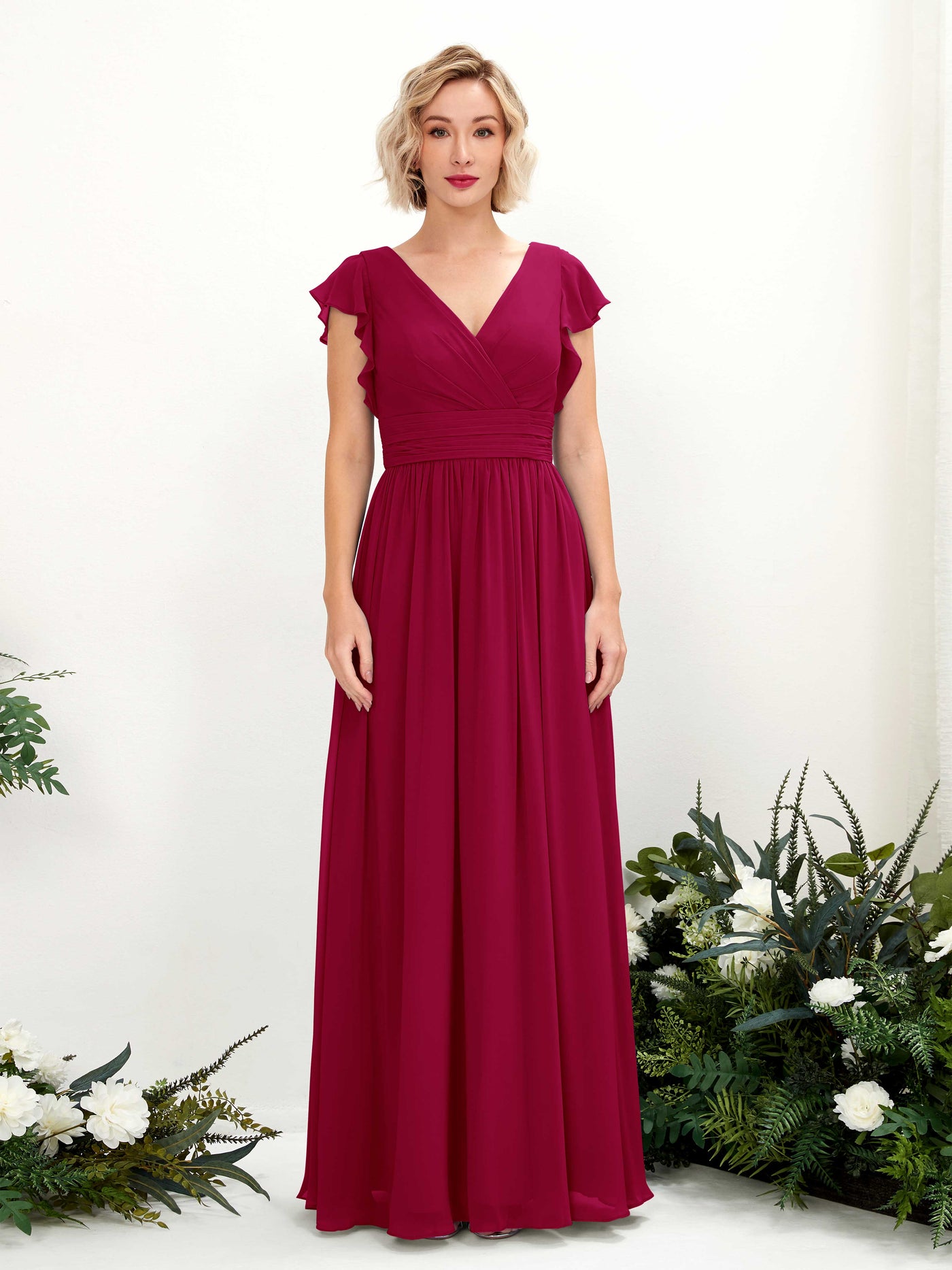 Jester Red Bridesmaid Dresses Bridesmaid Dress A-line Chiffon V-neck Full Length Short Sleeves Wedding Party Dress (81222741)#color_jester-red