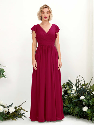 Carlyna Grino A-Line Jester Red Bridesmaid Dress Maxi Cap Sleeve V-Neck Dress Front View #color_jester-red