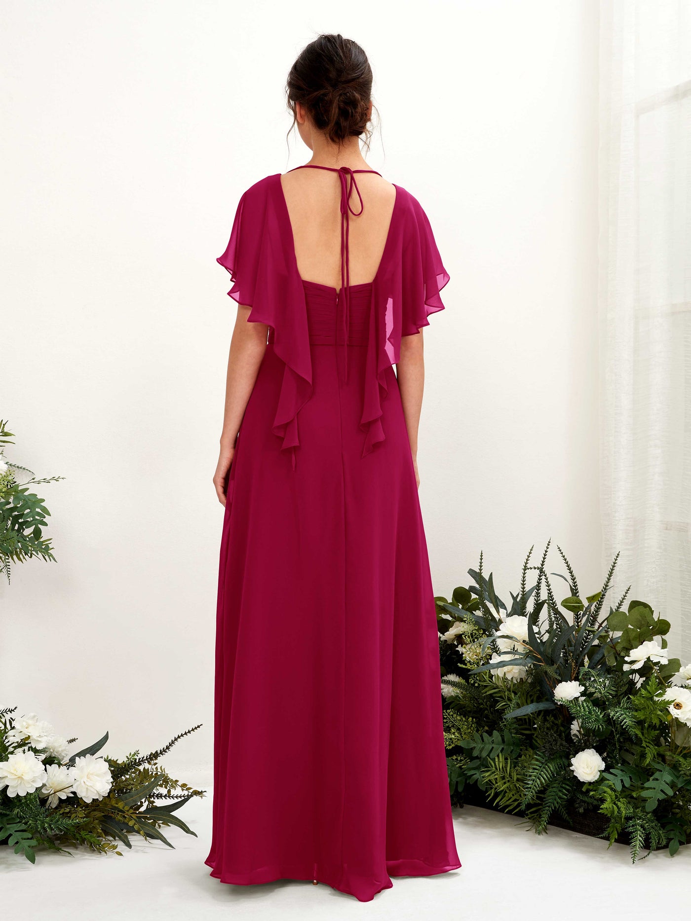 Open back V-neck Short Sleeves Chiffon Bridesmaid Dress - Jester Red (81226141)#color_jester-red