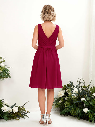 Carlyna Natasha A-Line Jester Red Bridesmaid Dress Knee-Length Sleeveless V-Neck Dress Back View #color_jester-red