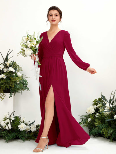 Carlyna Ginny A-Line Jester Red Bridesmaid Dress Maxi Long Sleeve V-Neck Front View #color_jester-red