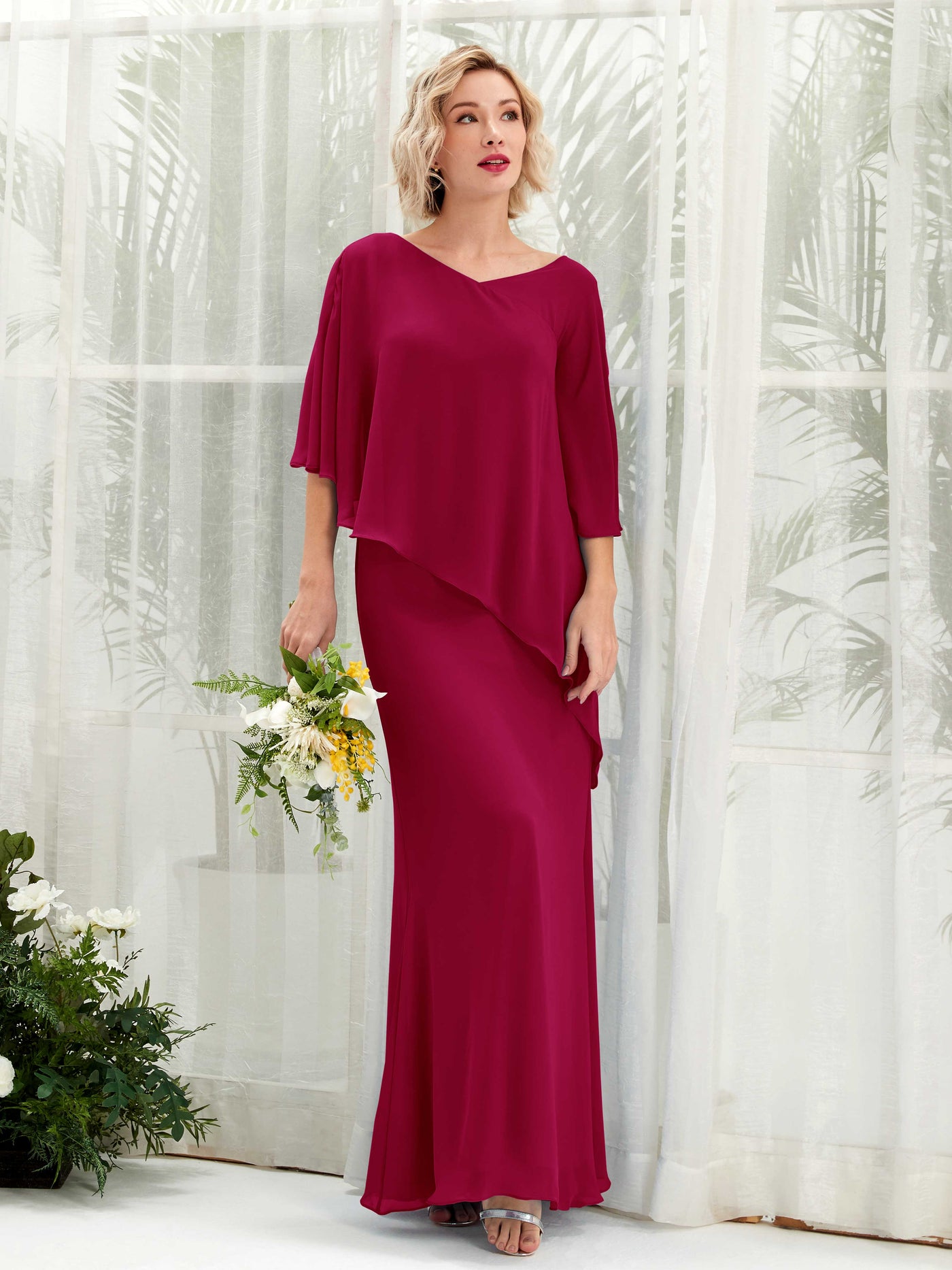 Jester Red Bridesmaid Dresses Bridesmaid Dress Bohemian Chiffon V-neck Full Length 3/4 Sleeves Wedding Party Dress (81222541)#color_jester-red