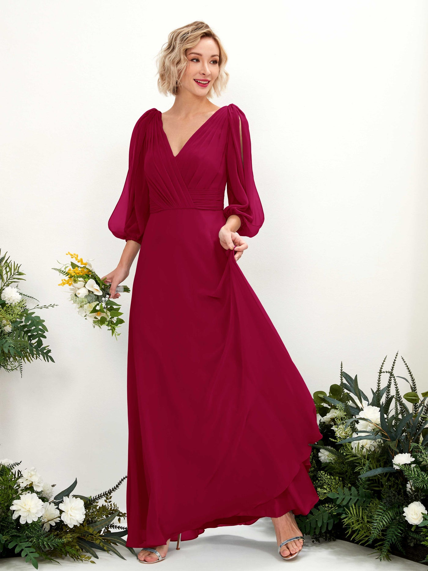 Jester Red Bridesmaid Dresses Bridesmaid Dress Chiffon V-neck Full Length Long Sleeves Wedding Party Dress (81223541)#color_jester-red