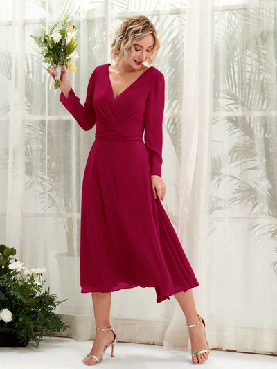 Carlyna Joanna A-Line Jester Red Bridesmaid Dress Midi Long Sleeve V-Neck Front View #color_jester-red