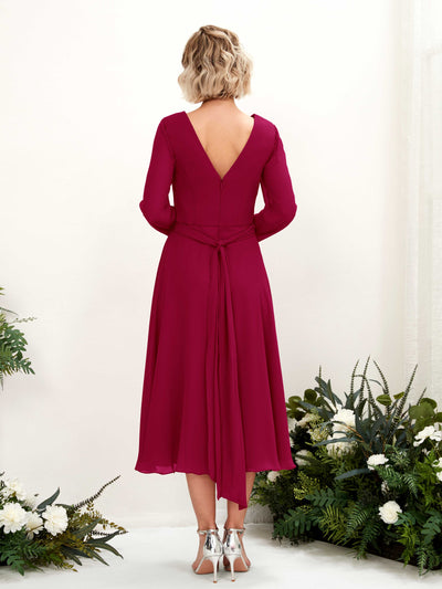 Carlyna Joanna A-Line Jester Red Bridesmaid Dress Midi Long Sleeve V-Neck Back View #color_jester-red