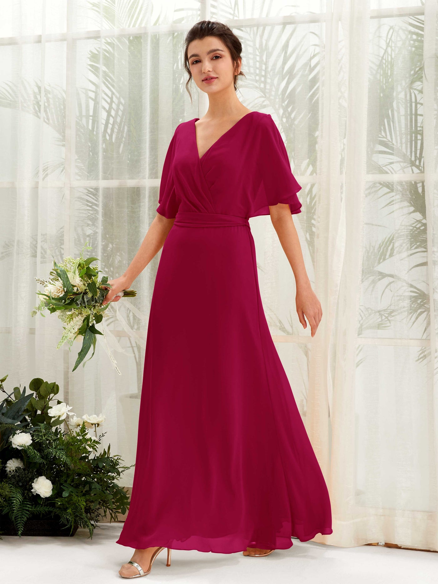 Jester Red Bridesmaid Dresses Bridesmaid Dress A-line Chiffon V-neck Full Length Short Sleeves Wedding Party Dress (81222441)#color_jester-red